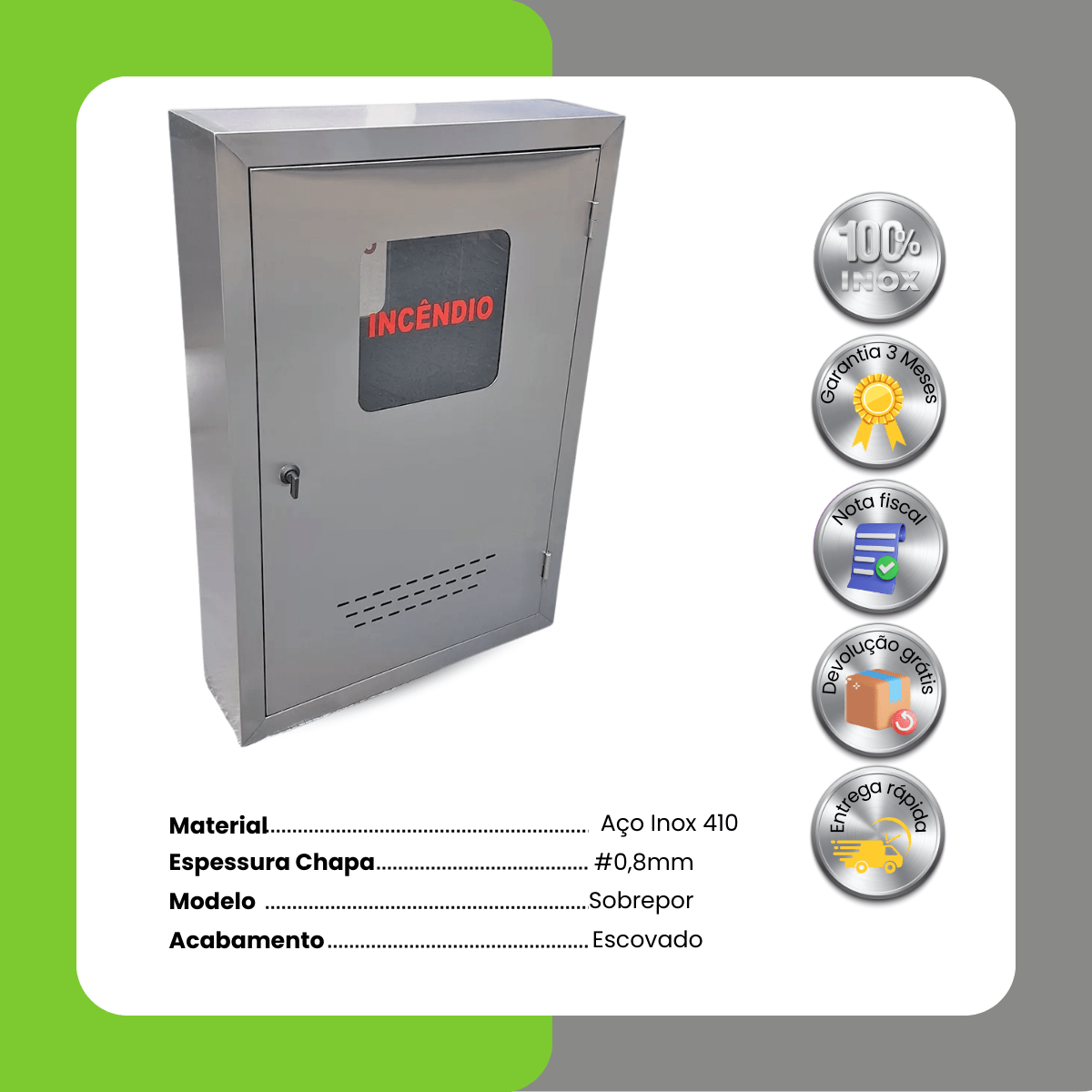 Caixa de Hidrante em Aço Inox de Sobrepor 90x60x17cm - Imagem 2